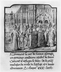 T.2 fol.311v Hochzeit von Karl VI. (1368-1422) König von Frankreich und Isabella von Bayern (1371-1435) in Amiens, aus Froissarts Chronik, 1472